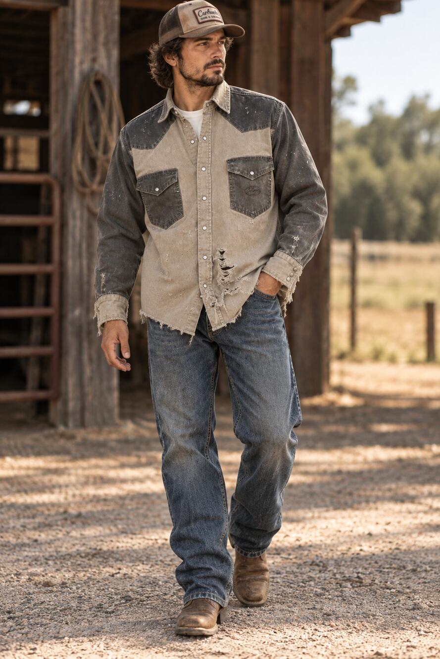 Rasco FR Distressed Western Pearl Snap Work Shirt Tan Gray Flame Resistant